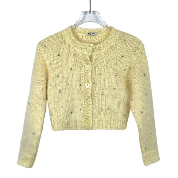 Miu Miu Yellow Crystal-Embellished Knit Cardigan Sweater Button-Up Made In Italy - Picture 1 of 8